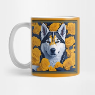 Dogs, Husky and flowers, dog, style vector (yellow version 2 Siberian Husky) Mug